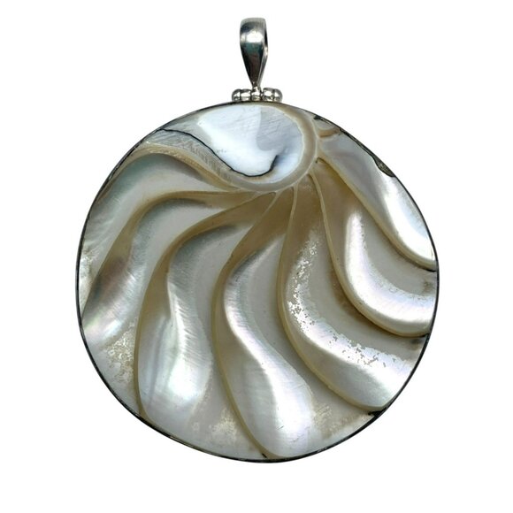 Vintage Pendant Earrings Sterling Silver Shell Nautilus MOP Reversible! 2" & 1" - Picture 2 of 6